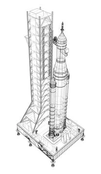 Space Rocket on launch pad Stock Illustration