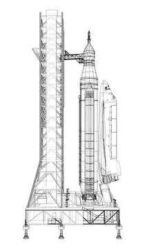 Space Rocket on launch pad Stock Illustration