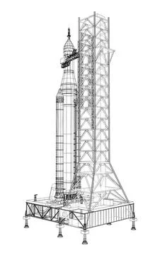 Space Rocket on launch pad Stock Illustration