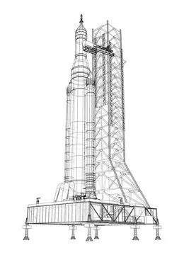 Space Rocket on launch pad Stock Illustration