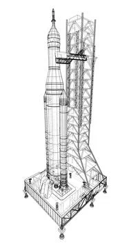 Space Rocket on launch pad Stock Illustration