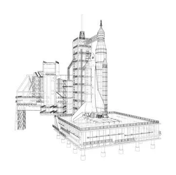 Space Rocket on launch pad Stock Illustration