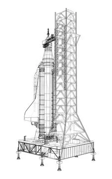 Space Rocket on launch pad Stock Illustration