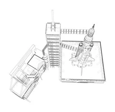 Space Rocket on launch pad Stock Illustration