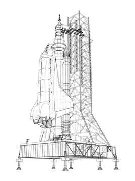 Space Rocket on launch pad Stock Illustration