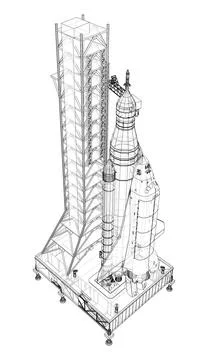Space Rocket on launch pad Stock Illustration
