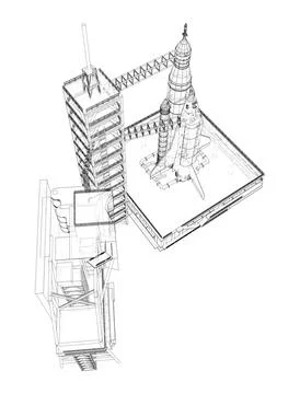 Space Rocket on launch pad Stock Illustration