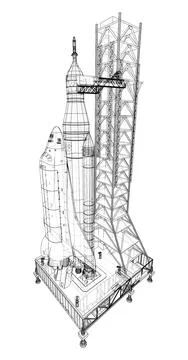 Space Rocket on launch pad Stock Illustration