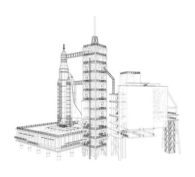 Space Rocket on launch pad Stock Illustration