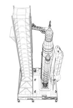 Space Rocket on launch pad Stock Illustration