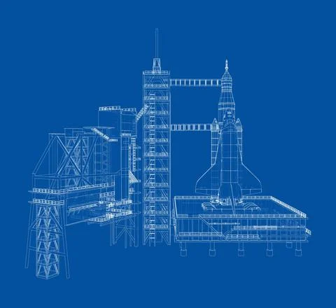 Space Rocket on launch pad. Vector 스톡 일러스트