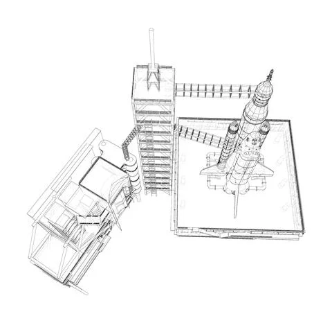 Space Rocket on launch pad. Vector Stock Illustration