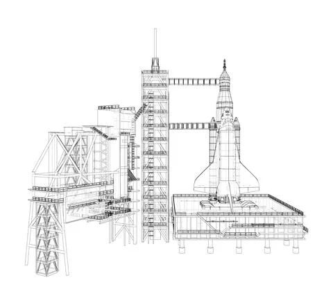 Space Rocket on launch pad. Vector Illustrazione stock