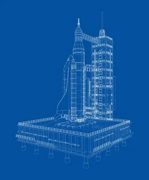 Space Rocket on launch pad. Vector Illustrazione stock