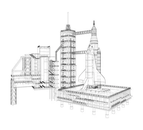 Space Rocket on launch pad. Vector Stock Illustration