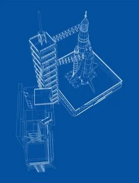 Space Rocket on launch pad. Vector 스톡 일러스트
