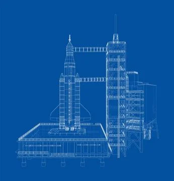 Space Rocket on launch pad. Vector Illustrazione stock