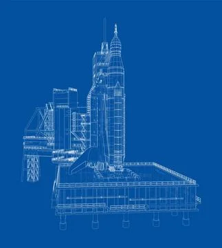 Space Rocket on launch pad. Vector Stock Illustration
