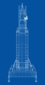Space Rocket on launch pad. Vector rendering of 3d Stock Illustration