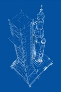 Space Rocket on launch pad. Vector rendering of 3d Stock Illustration