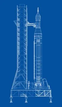 Space Rocket on launch pad. Vector rendering of 3d Illustrazione stock