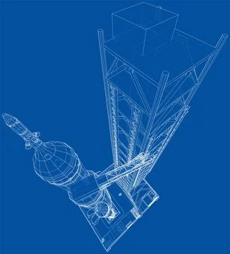 Space Rocket on launch pad. Vector rendering of 3d Stock Illustration