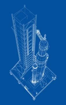 Space Rocket on launch pad. Vector rendering of 3d Stock Illustration