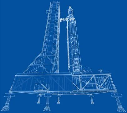 Space Rocket on launch pad. Vector rendering of 3d Stock Illustration
