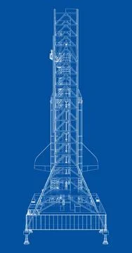 Space Rocket on launch pad. Vector rendering of 3d Stock Illustration