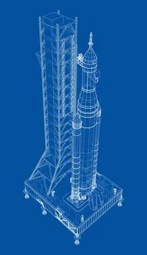 Space Rocket on launch pad. Vector rendering of 3d Stock Illustration