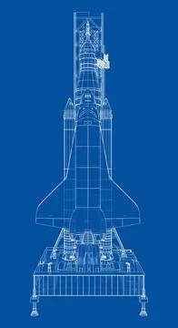 Space Rocket on launch pad. Vector rendering of 3d 스톡 일러스트
