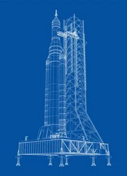 Space Rocket on launch pad. Vector rendering of 3d Stock Illustration