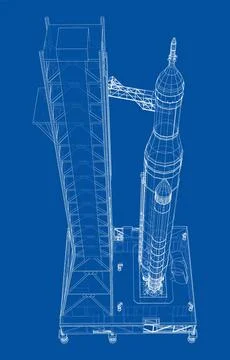 Space Rocket on launch pad. Vector rendering of 3d Stock Illustration