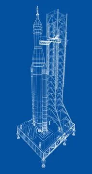 Space Rocket on launch pad. Vector rendering of 3d 스톡 일러스트