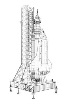 Space Rocket on launch pad. Vector rendering of 3d Stock Illustration