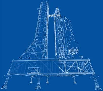 Space Rocket on launch pad. Vector rendering of 3d Stock Illustration