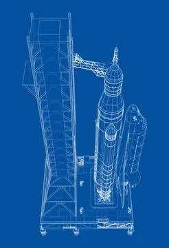 Space Rocket on launch pad. Vector rendering of 3d Stock Illustration