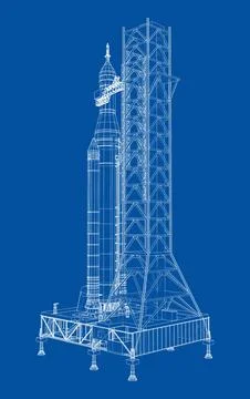 Space Rocket on launch pad. Vector rendering of 3d 스톡 일러스트