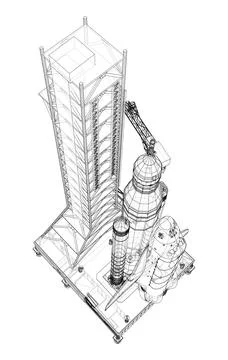 Space Rocket on launch pad. Vector rendering of 3d Stock Illustration
