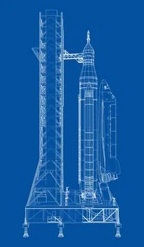 Space Rocket on launch pad. Vector rendering of 3d 스톡 일러스트