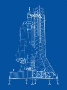 Space Rocket on launch pad. Vector rendering of 3d Stock Illustration