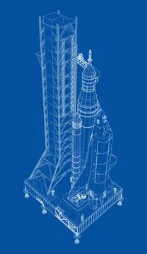 Space Rocket on launch pad. Vector rendering of 3d Stock Illustration