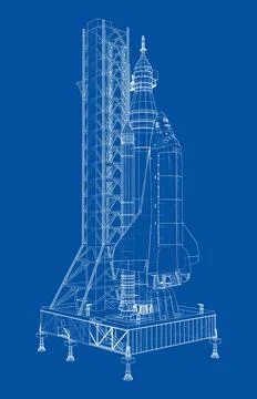 Space Rocket on launch pad. Vector rendering of 3d Stock Illustration