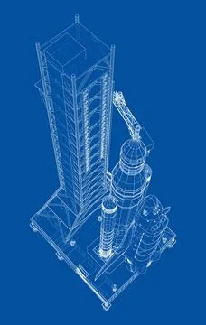 Space Rocket on launch pad. Vector rendering of 3d 스톡 일러스트