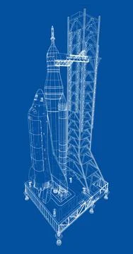 Space Rocket on launch pad. Vector rendering of 3d Stock Illustration