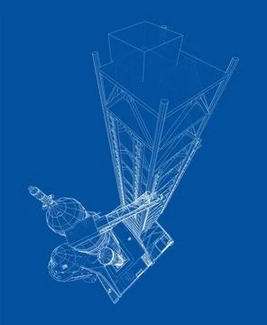 Space Rocket on launch pad. Vector rendering of 3d Stock-Illustration