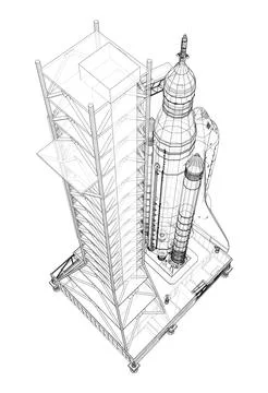Space Rocket on launch pad. Vector rendering of 3d Illustrazione stock