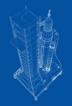 Space Rocket on launch pad. Vector rendering of 3d 스톡 일러스트