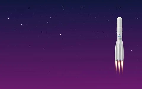 Space rocket launch in purple gradient sky at night, 3D realistic vector concept 스톡 일러스트