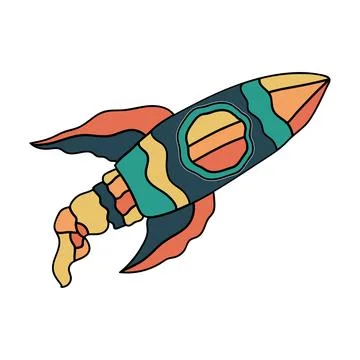 Space rocket launch, rocketship. Hand Drawn retro style Stock Illustration